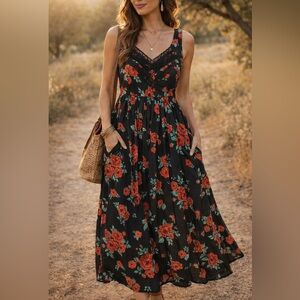Free People Black Floral Maxi Dress Boho Sleeveless Pockets Size S